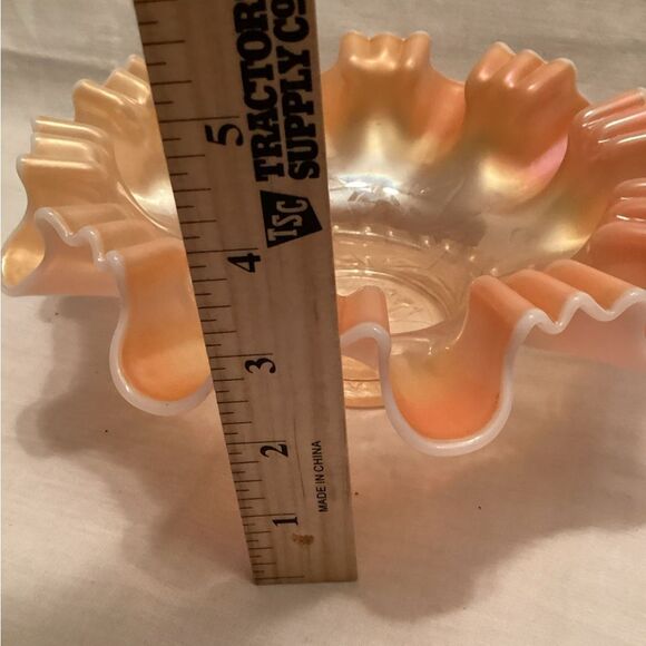 Carnival Glass Vintage Iridescent Ruffled Glass Bowl Floral Design Impressed - Picture 10 of 10